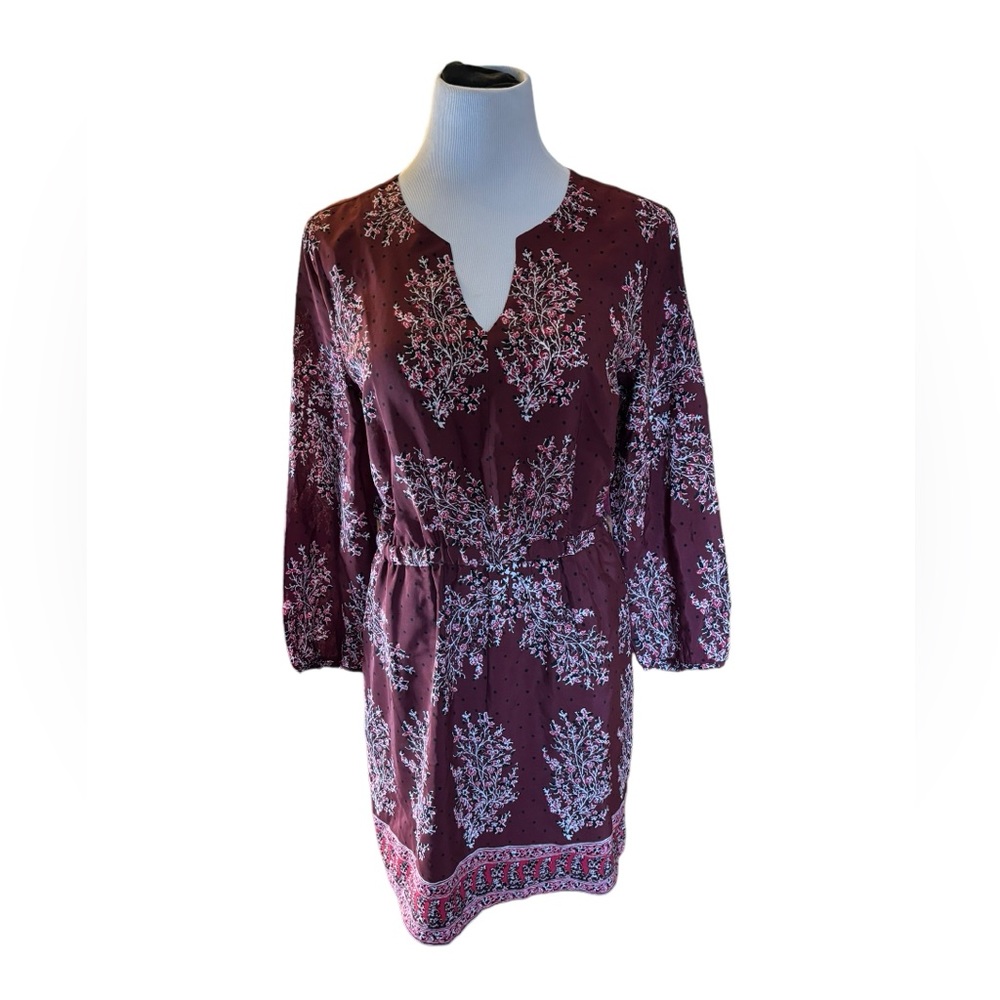 Madewell Women’s Maroon Silk Lassi Floral Dress Cinched Waist V-Neck Size‎ 8 NWT
